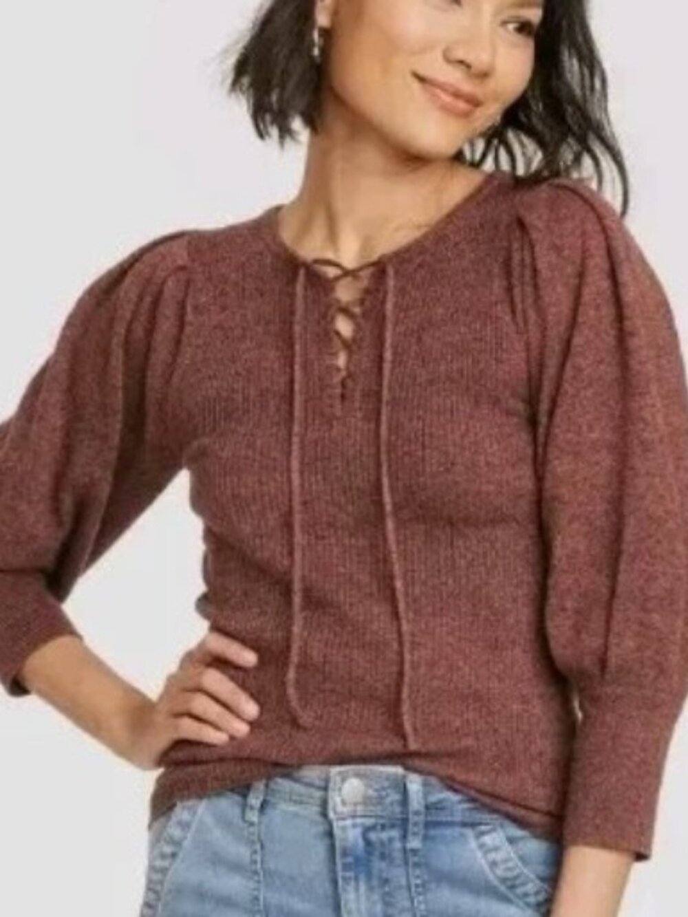 Knox Rose NWOT Maroon Ribbed Lace Up Balloon Sleeve Sweater Women's M
